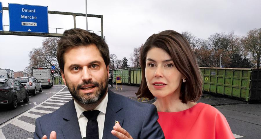 Un mur de containers près du Palais des Congrès pour la venue de George-Louis Bouchez