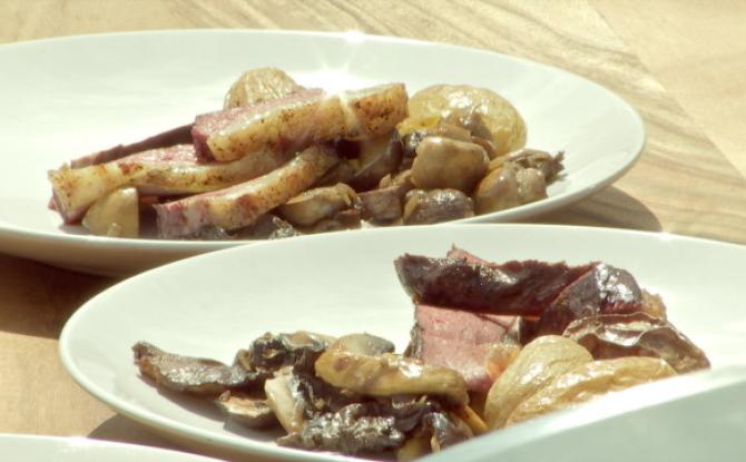 Le canard au saké accompagné de ses champignons